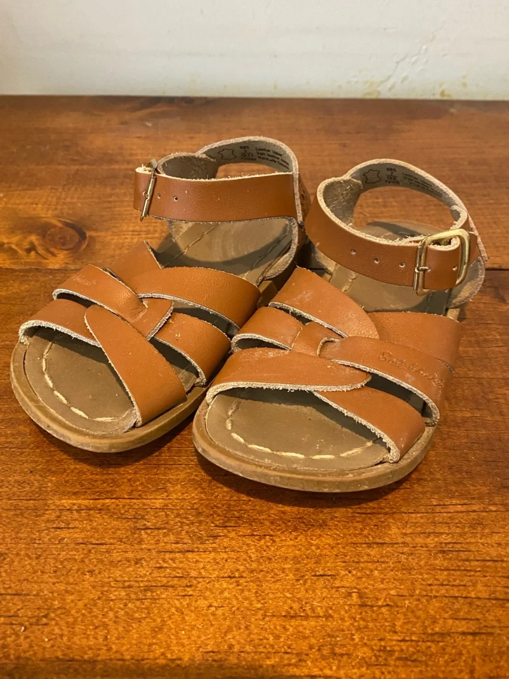 Brown Leather Strappy Toddler saltwater Sandals with Ankle Buckle